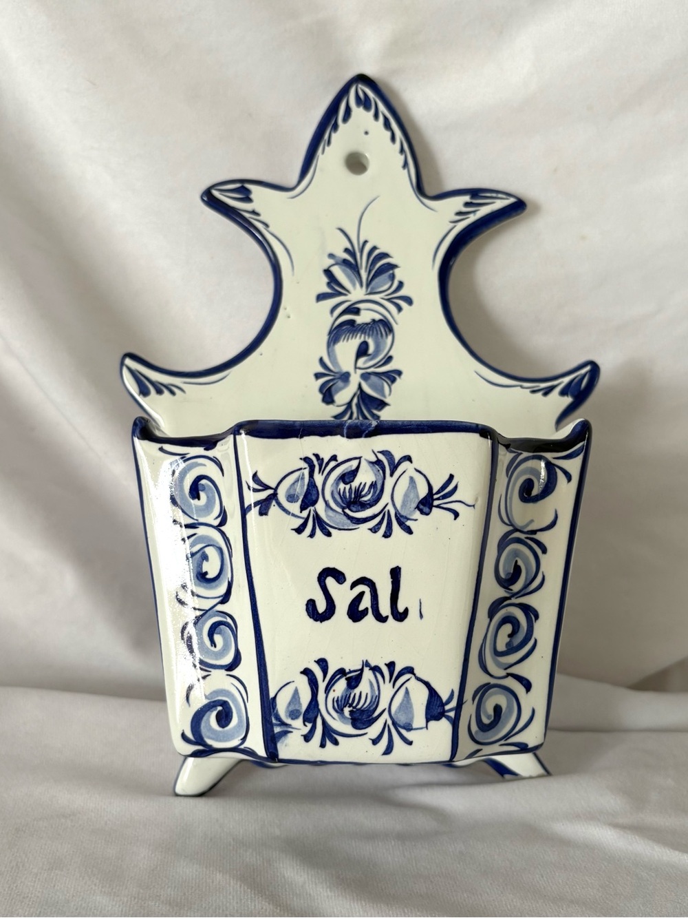 Vintage white blue ceramic salt cellar holder wall hanging Portugal home decor